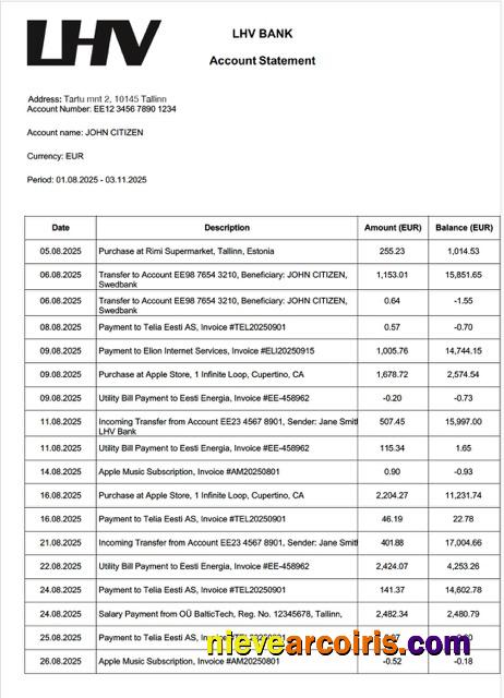 Estonia LHV Bank account statement Word and PDF